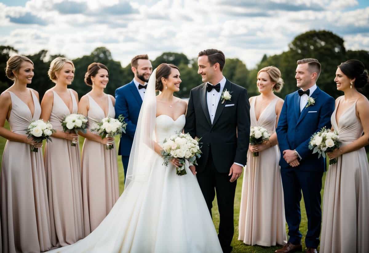 A bride in a white gown and veil stands beside a groom in a tuxedo, surrounded by bridesmaids in matching dresses and groomsmen in suits