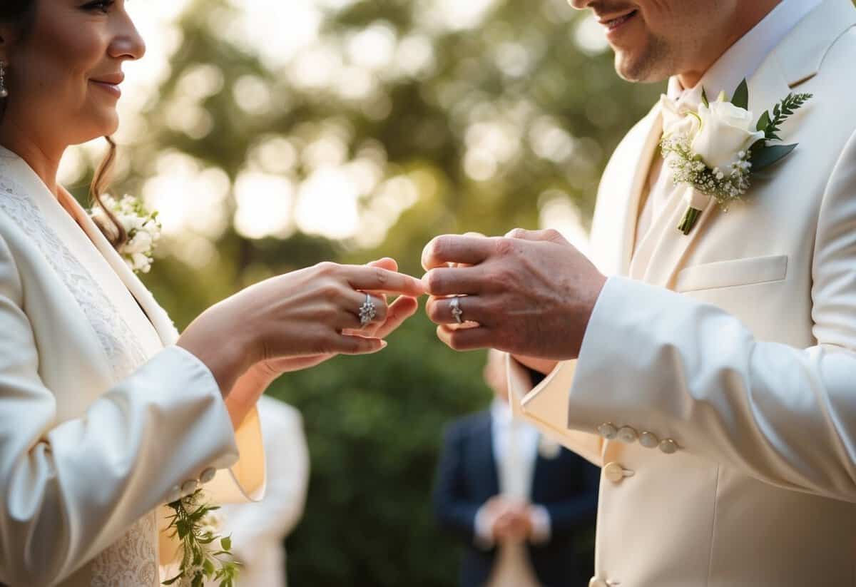 A bride and groom exchange rings and bow to each other in a traditional wedding ceremony