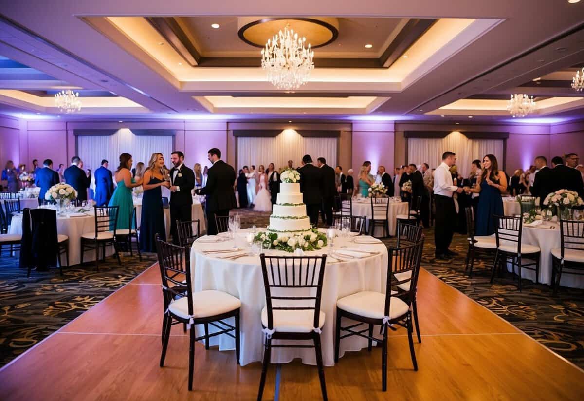 A decorated reception hall with tables, chairs, and a dance floor. A wedding cake and floral centerpieces are displayed, while guests mingle and celebrate