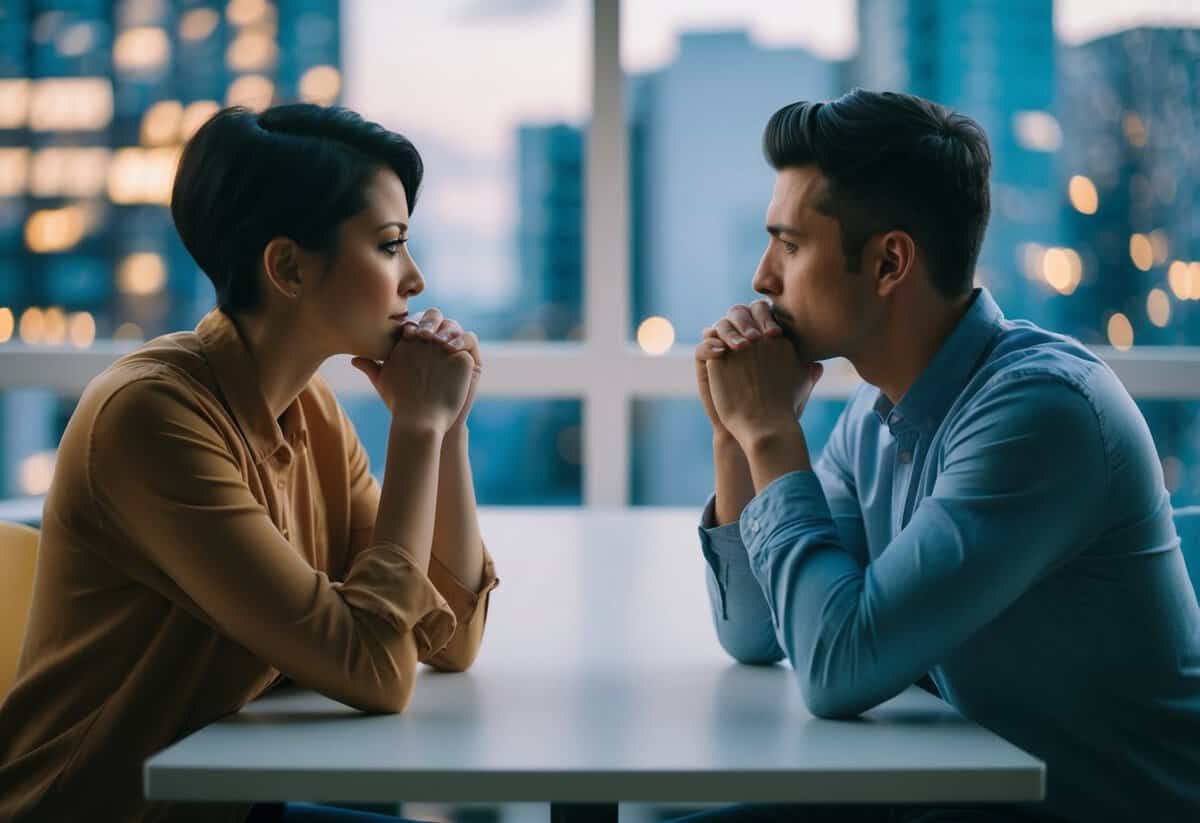 A couple sitting on opposite sides of a table, facing away from each other, each deep in thought, with a faint glimmer of hope in their eyes
