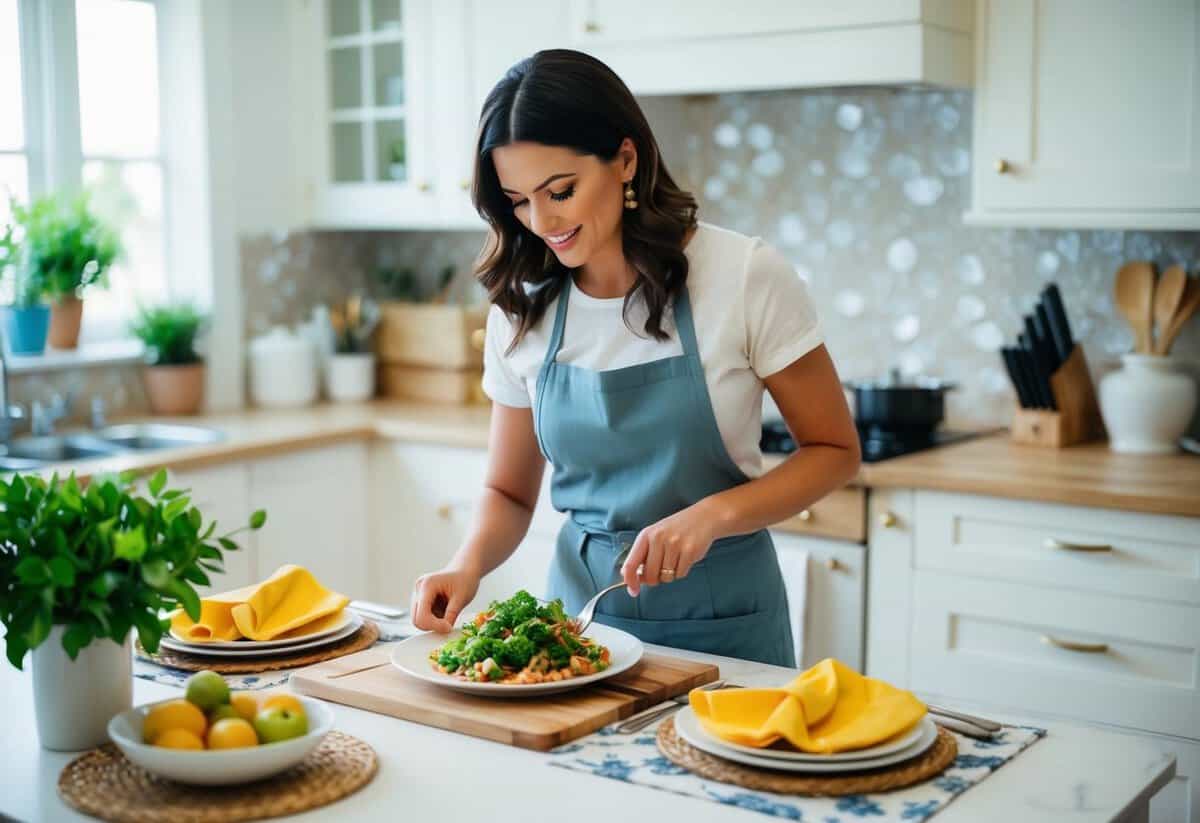 A woman preparing a home-cooked meal, setting a beautifully decorated table, and tending to a well-kept home