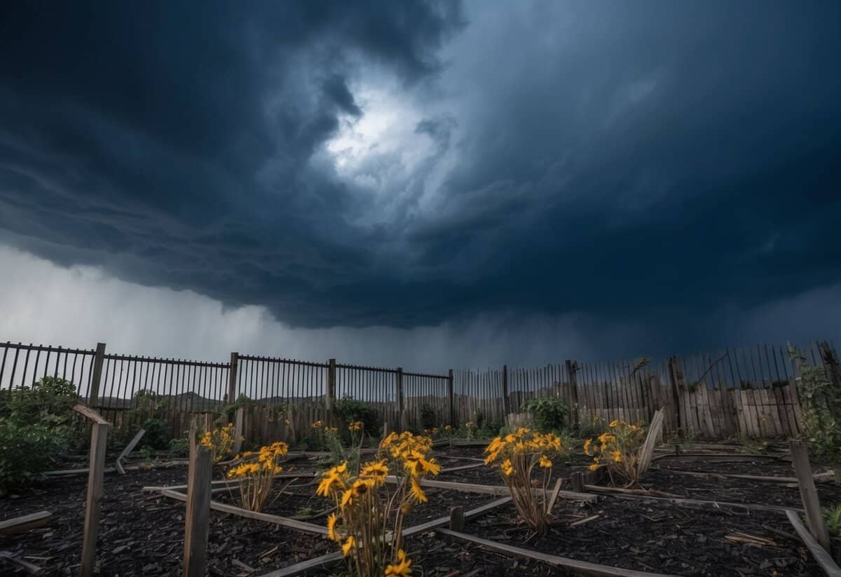 A dark, stormy sky looms over a barren, wilted garden with broken fences and wilted flowers
