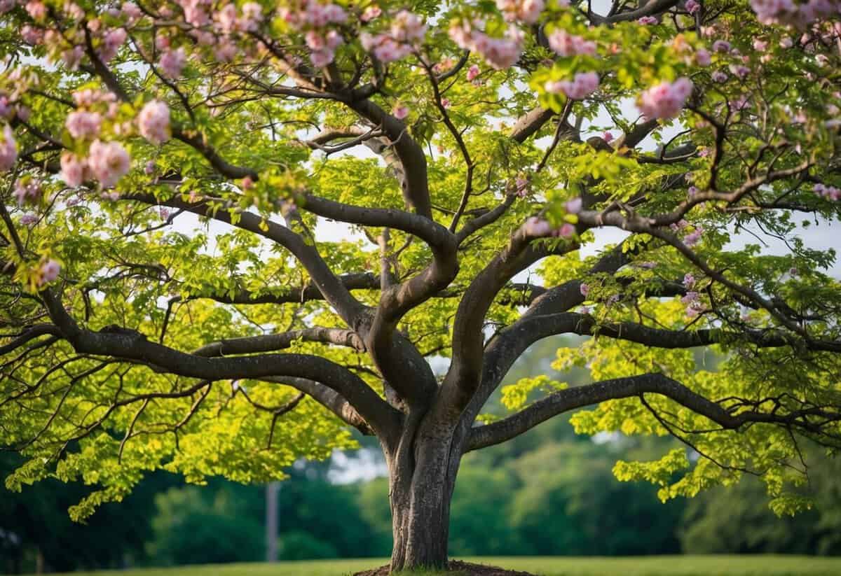A blooming tree with intertwining branches, symbolizing personal and marital growth, with vibrant flowers and lush green leaves