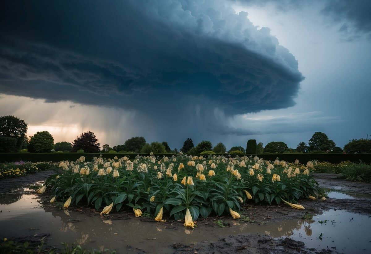 A dark storm cloud looming over a wilted flower garden, with drooping petals and muddy puddles