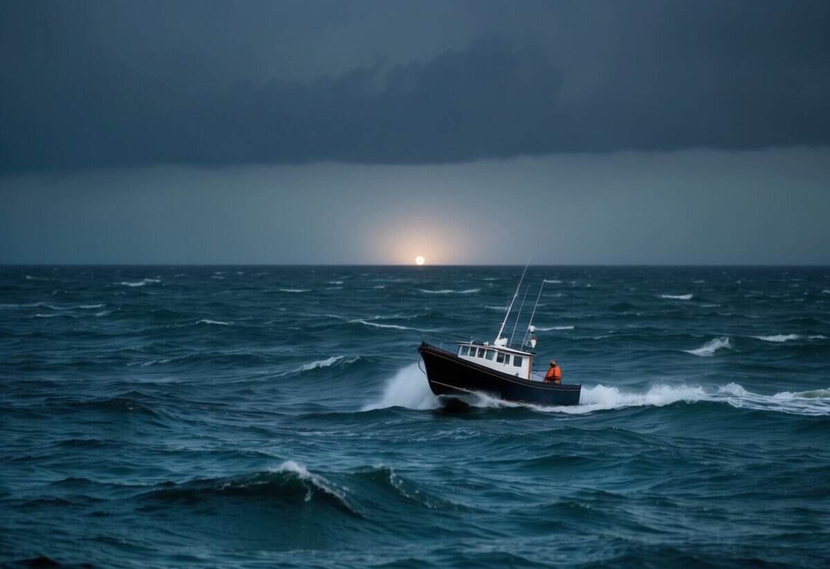 A dark, stormy sea with a small boat struggling to navigate through rough waves towards a distant, faint light on the horizon