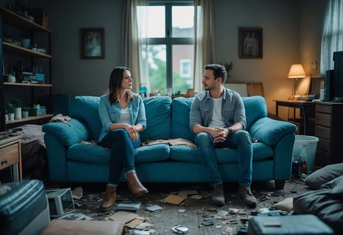 A couple sitting on opposite ends of a broken couch, surrounded by neglected household items. The room is dimly lit and filled with a sense of disarray