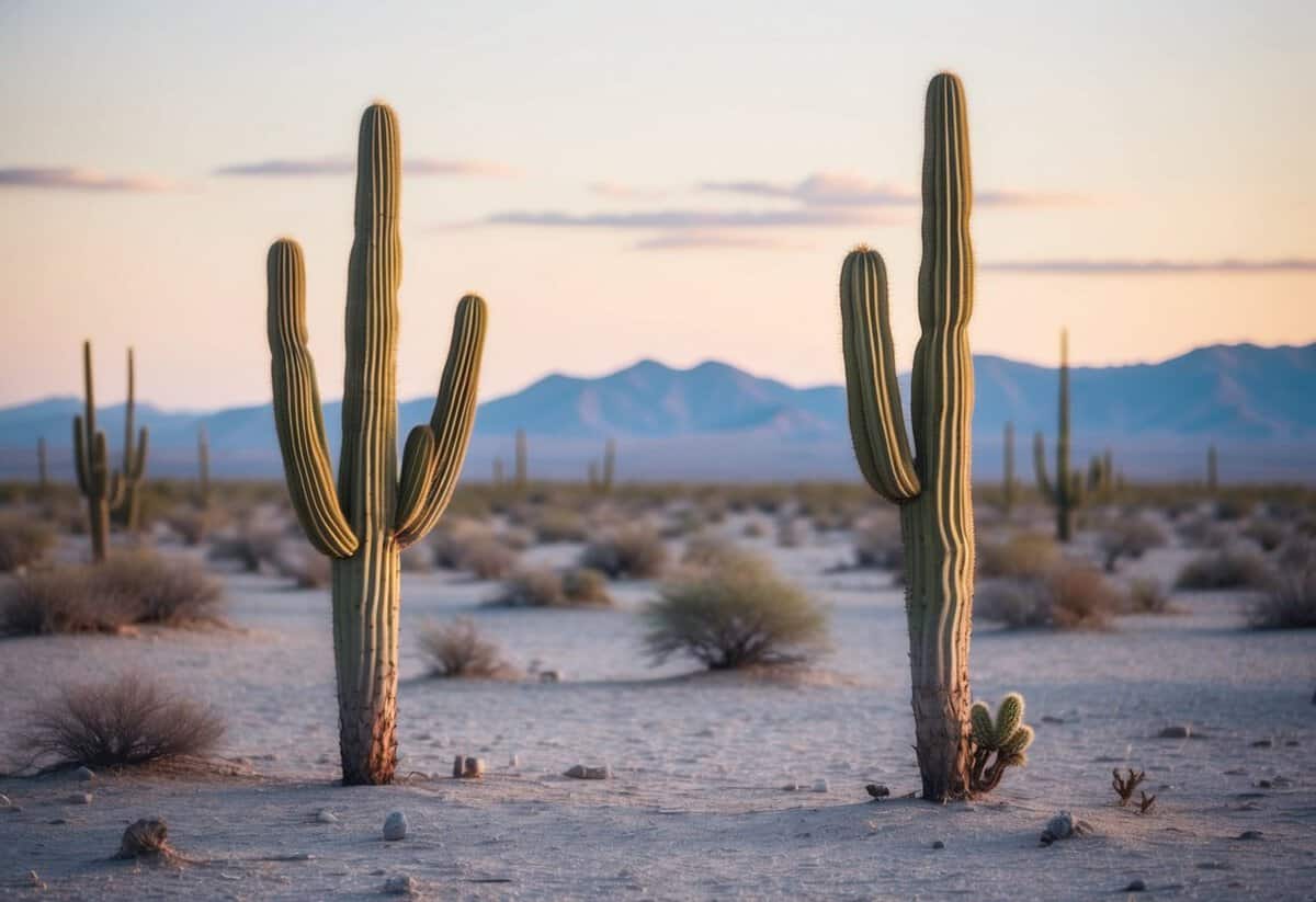 A barren desert landscape with two cacti standing side by side, no flowers or fruit