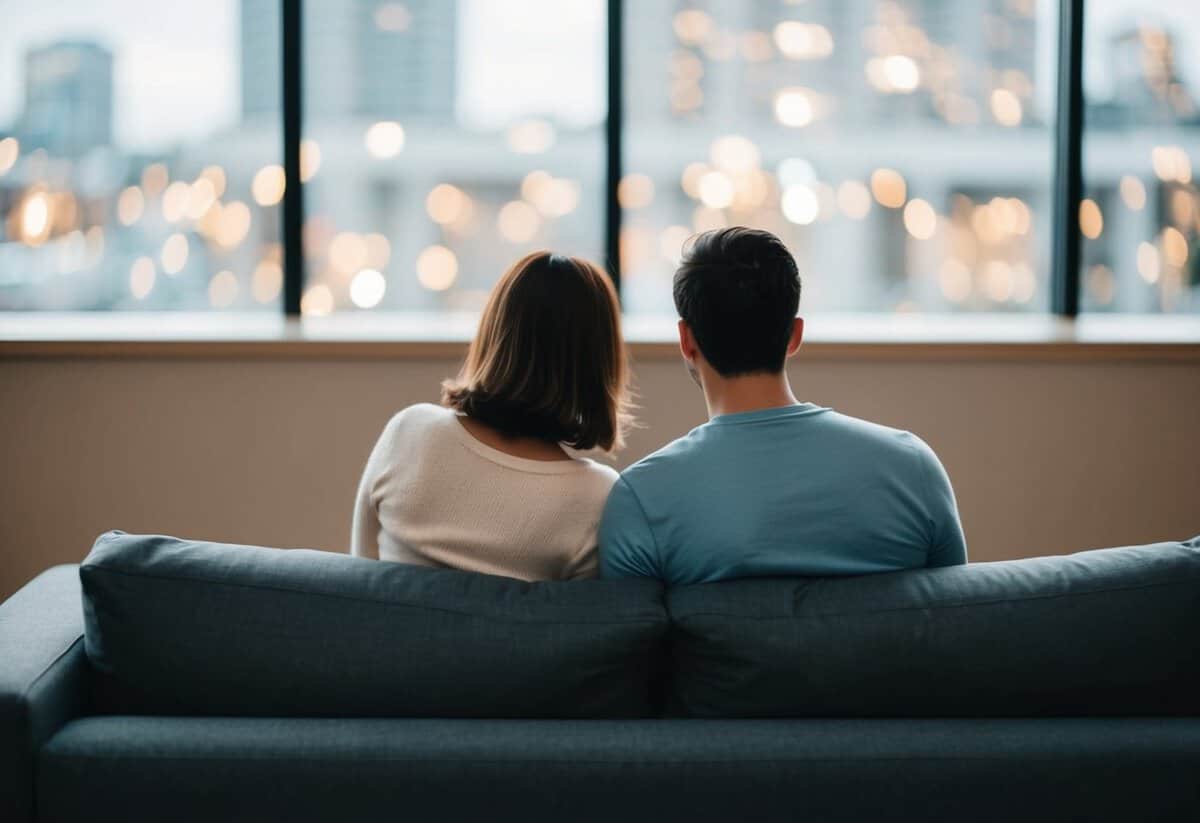 A couple sitting on opposite ends of a couch, facing away from each other, with a noticeable lack of physical intimacy