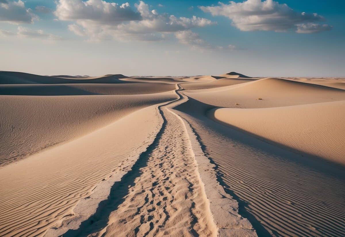 A barren desert landscape with a winding path leading towards a distant oasis, symbolizing the journey of navigating challenges and seeking solutions in a sexless relationship