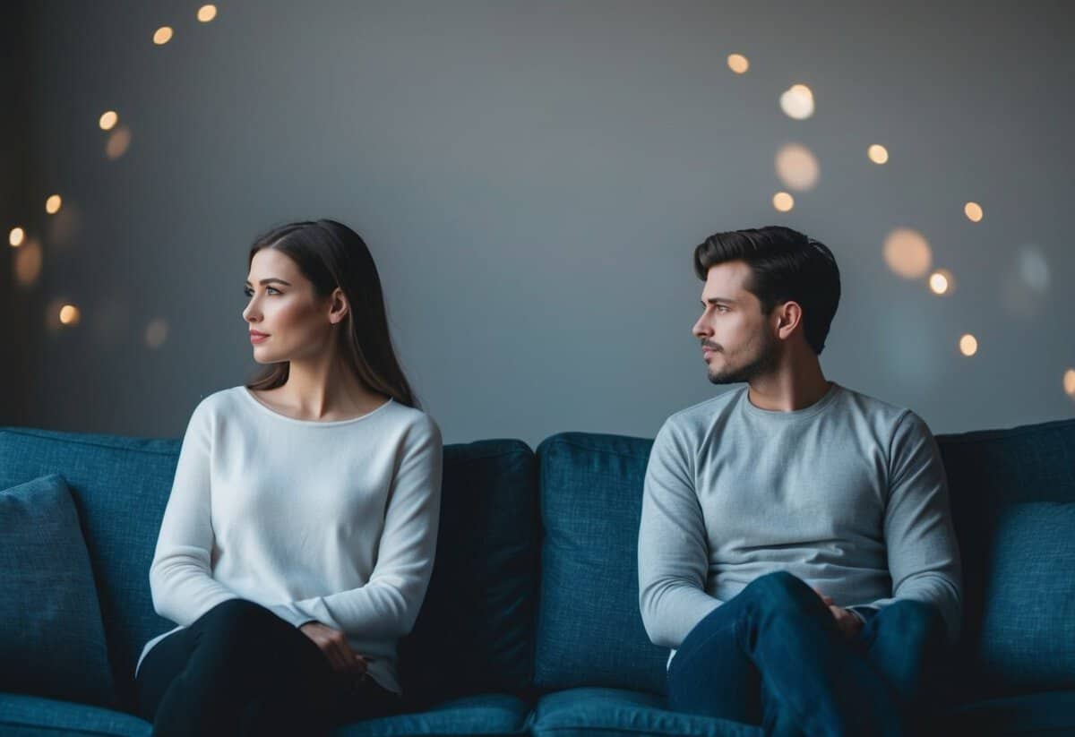 A couple sitting on opposite ends of a couch, looking away from each other with a noticeable distance between them. The atmosphere feels cold and disconnected