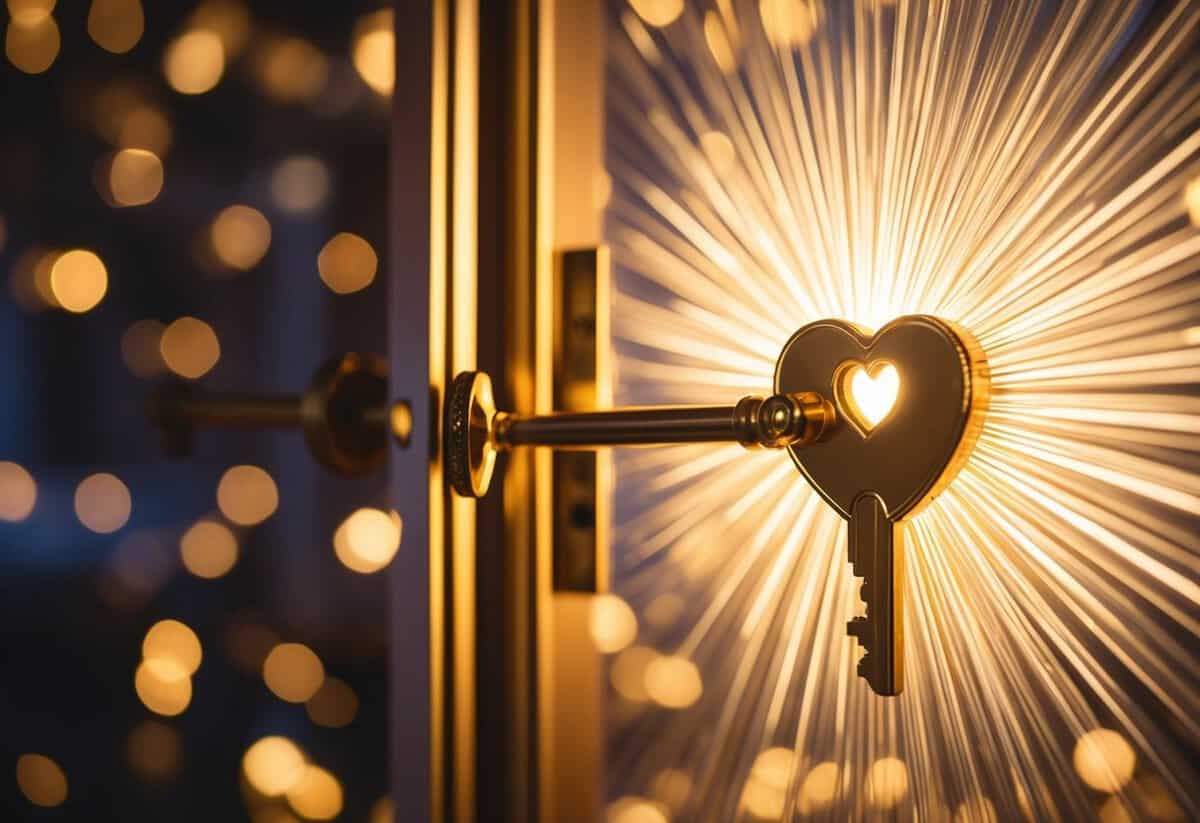 A heart-shaped golden key unlocking a radiant, glowing door