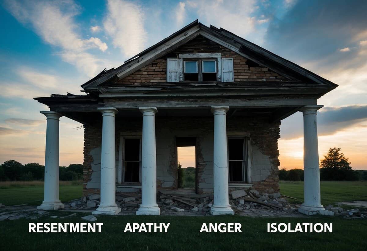 A crumbling house with four pillars, each labeled with a negative emotion: resentment, apathy, anger, and isolation