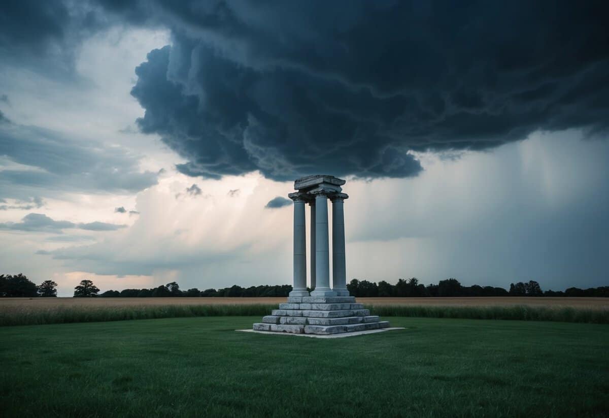 A dark storm cloud looms over a crumbling pillar, representing communication, trust, intimacy, and respect, the four pillars of an unhappy marriage