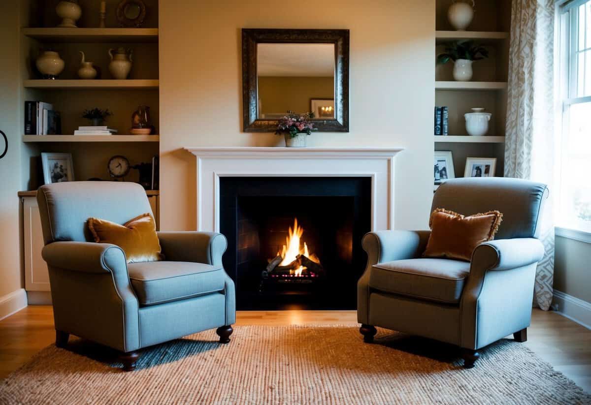 A cozy living room with two armchairs facing each other, a crackling fire in the fireplace, and soft lighting creating a warm and intimate atmosphere