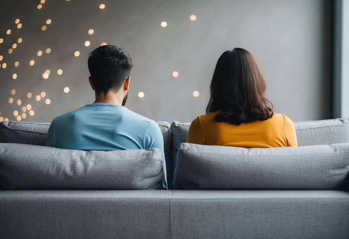 A couple sits at opposite ends of a couch, facing away from each other. One partner looks dejected while the other appears distant