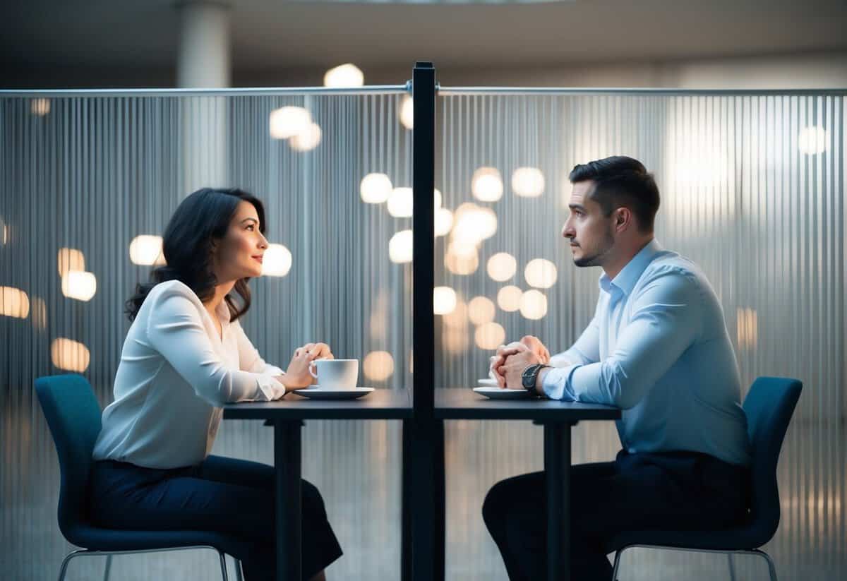 A couple sits on opposite sides of a table, looking at each other with concern. A barrier separates them, symbolizing the challenges they face in achieving intimacy in their marriage