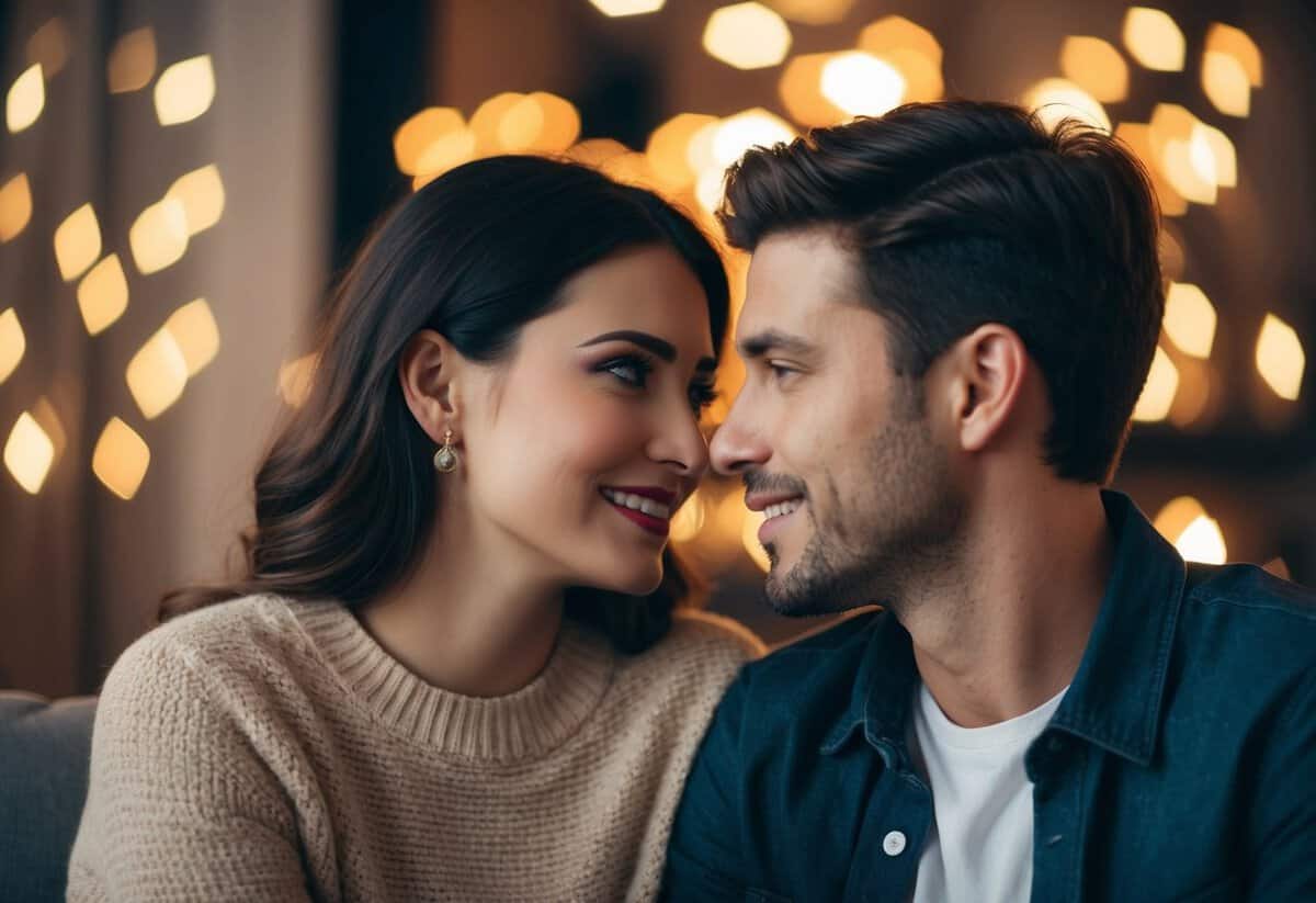 A couple sitting close together, gazing into each other's eyes, surrounded by a warm and cozy atmosphere