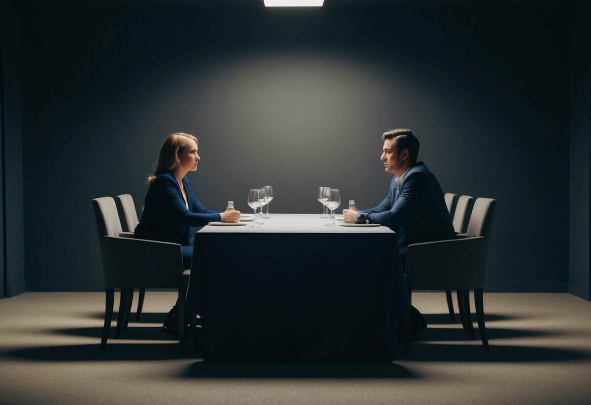 A couple sitting on opposite ends of a long dining table, their body language tense and distant. The room is dimly lit, with shadows casting a somber atmosphere