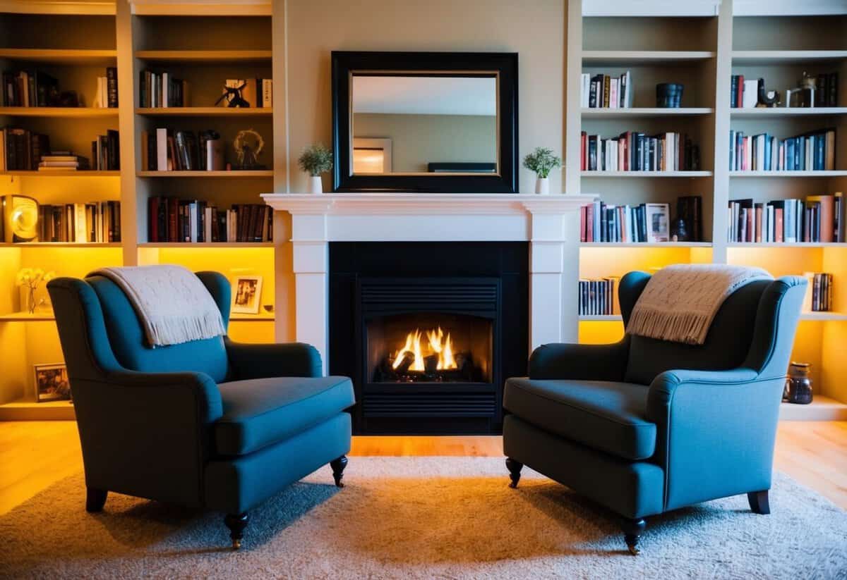 A cozy living room with two armchairs facing a fireplace, surrounded by bookshelves and warm lighting