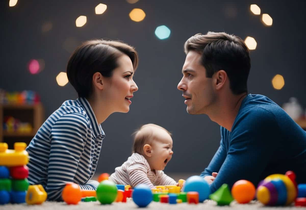 A couple facing each other with tense expressions, surrounded by scattered toys and a crying baby