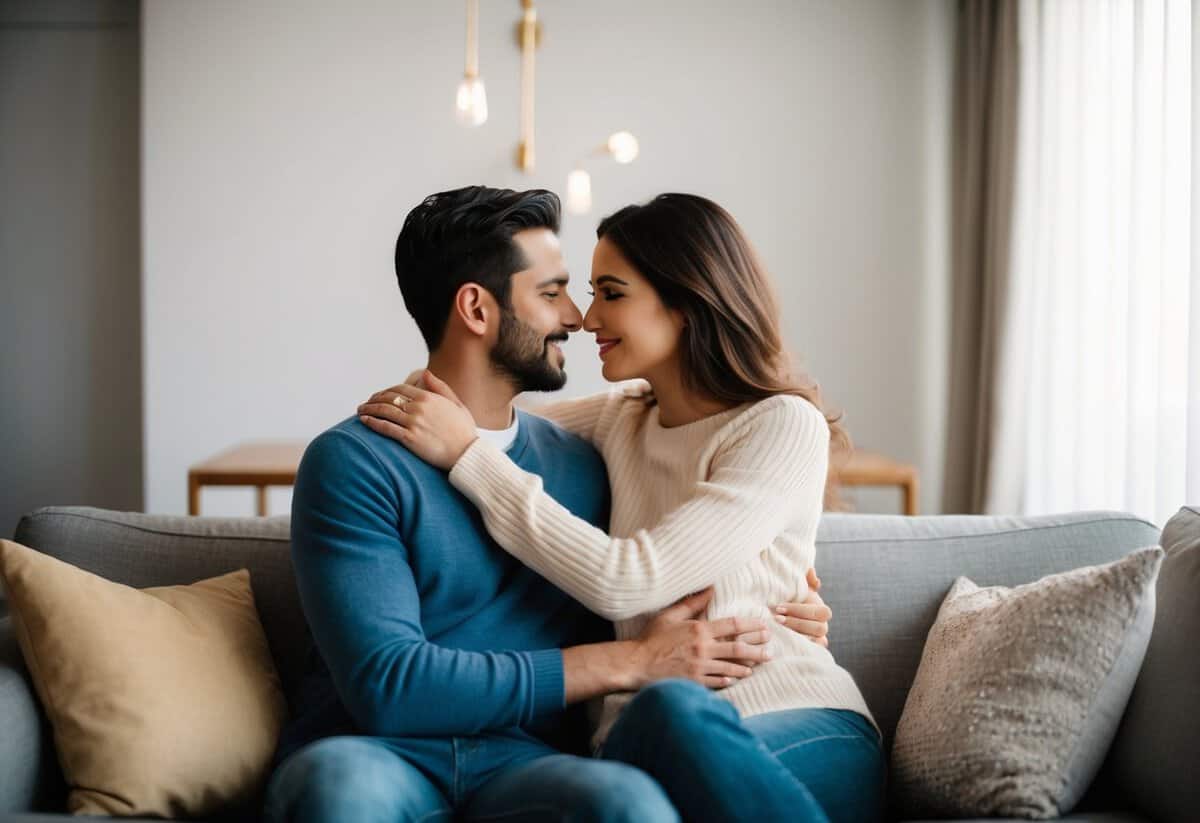 A couple sitting close on a couch, sharing a warm embrace and gazing into each other's eyes, conveying love and emotional intimacy without physical contact