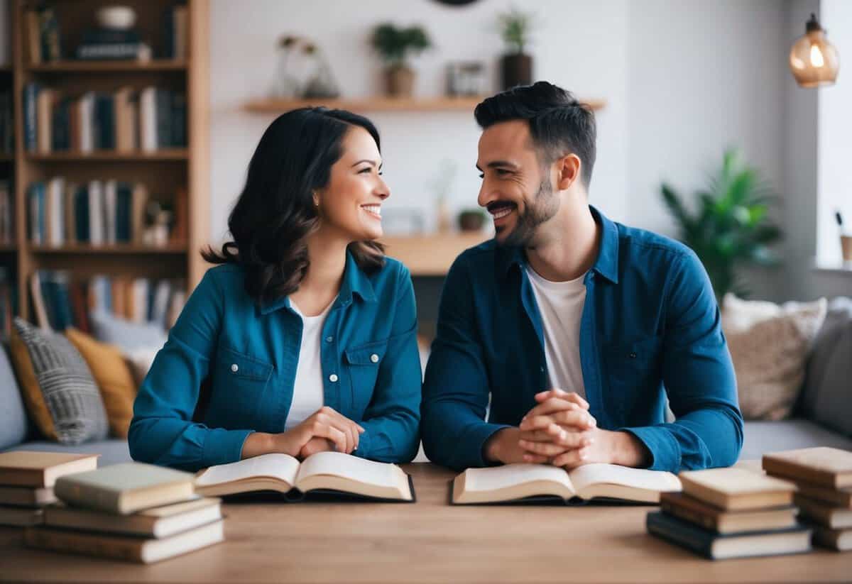 A couple sitting across from each other at a table, smiling and engaged in deep conversation, surrounded by books and cozy decor