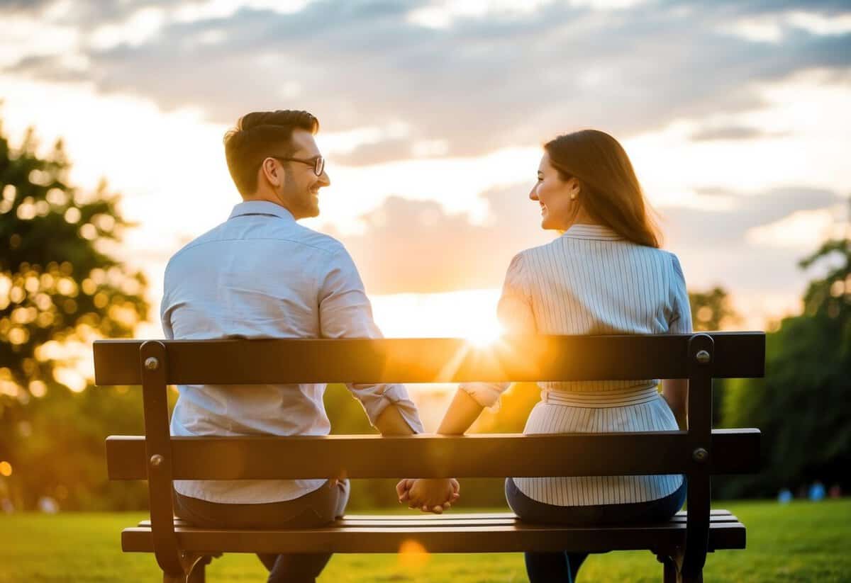 A couple sits on a park bench, smiling and holding hands while looking at a sunset