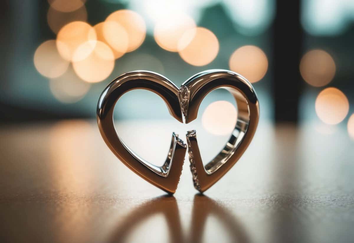 A broken heart-shaped wedding ring split in half on a table