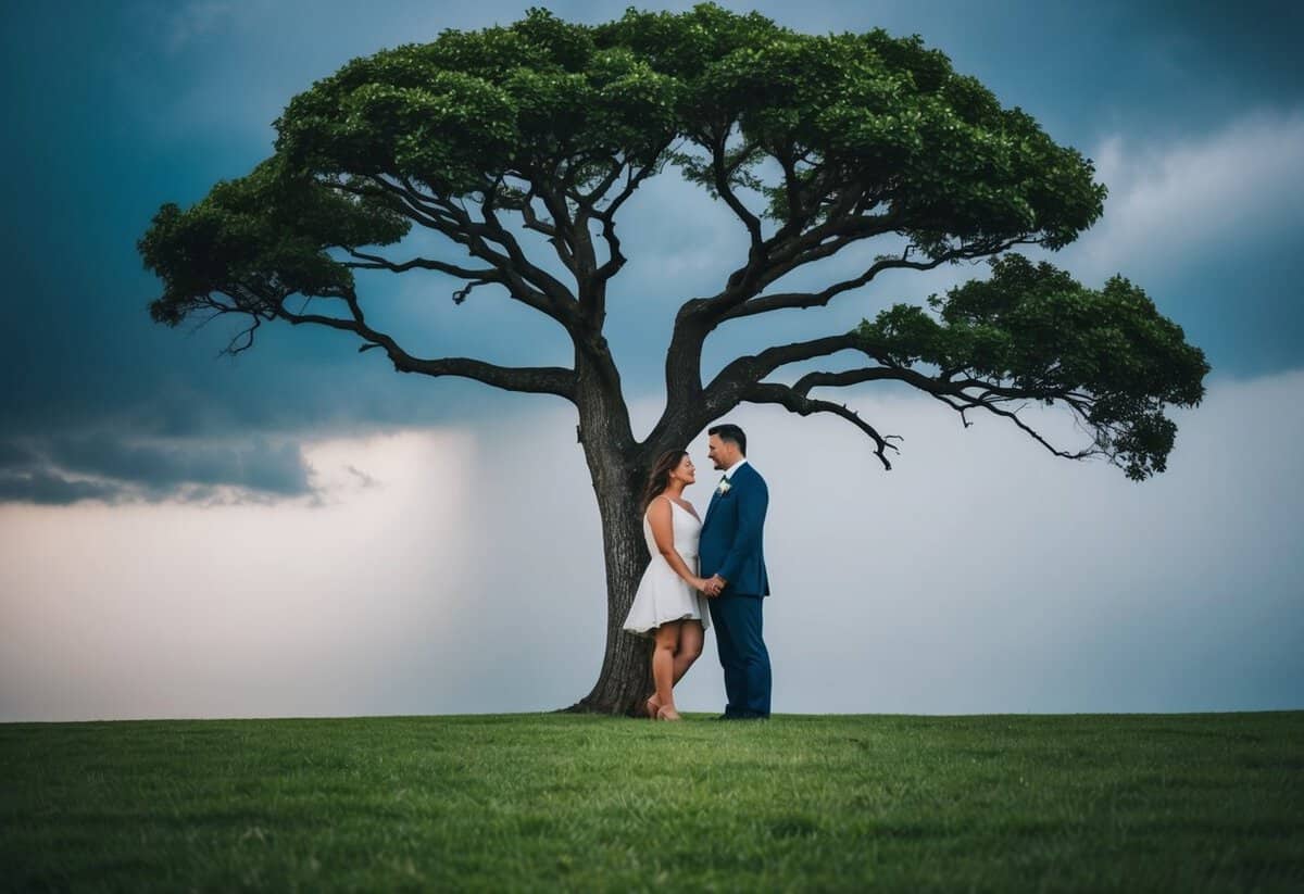 A sturdy tree with intertwined branches, standing tall in the midst of a storm, symbolizing the strength and unity of a strong couple