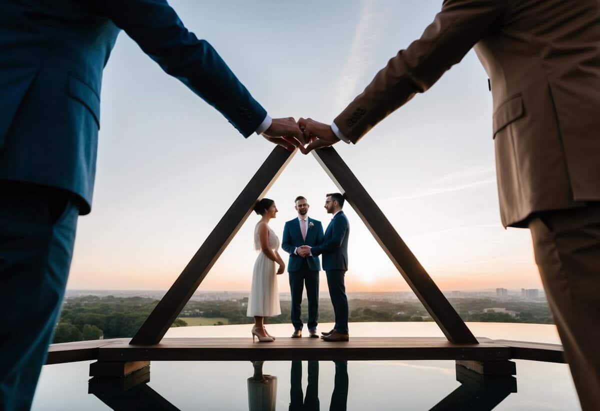 A triangle marriage: two individuals facing each other, with a third person standing in the middle, forming a triangular shape