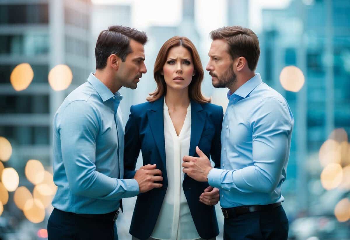 A woman and two men standing in a tense triangle, their body language conveying conflicting emotions of love, jealousy, and uncertainty