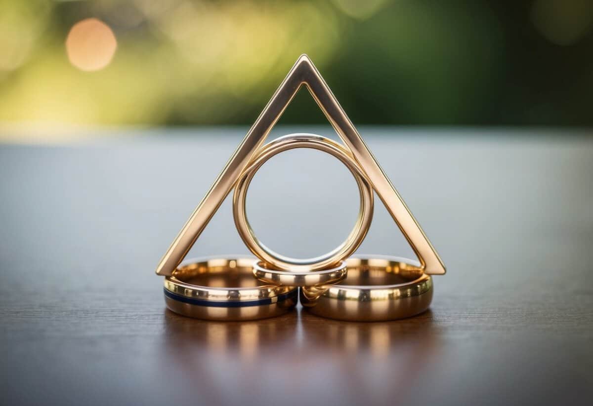 A triangle marriage: three interlocking rings, each representing commitment, honesty, and love, forming a strong and balanced unity