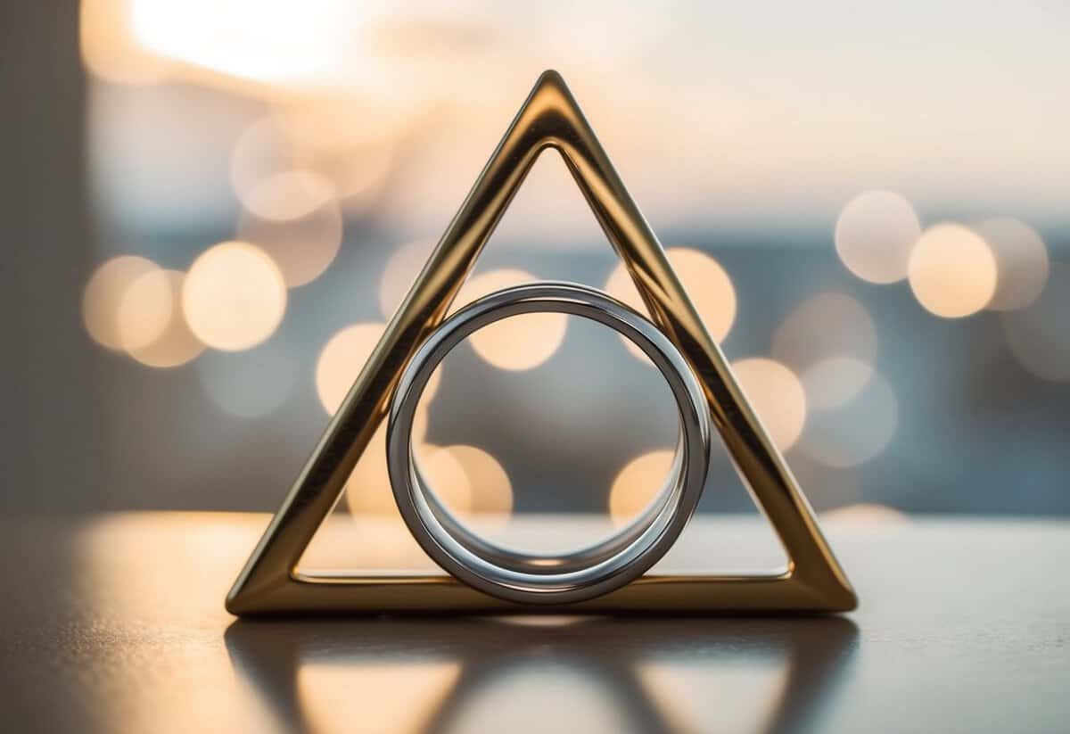 A triangle with three interconnected rings, each representing a different aspect of marriage - emotional, spiritual, and physical