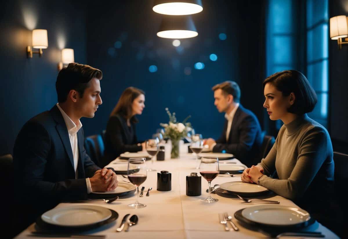 A couple sits on opposite ends of a long dining table, their body language distant and cold. The room is dimly lit, and the atmosphere feels heavy with unspoken tension