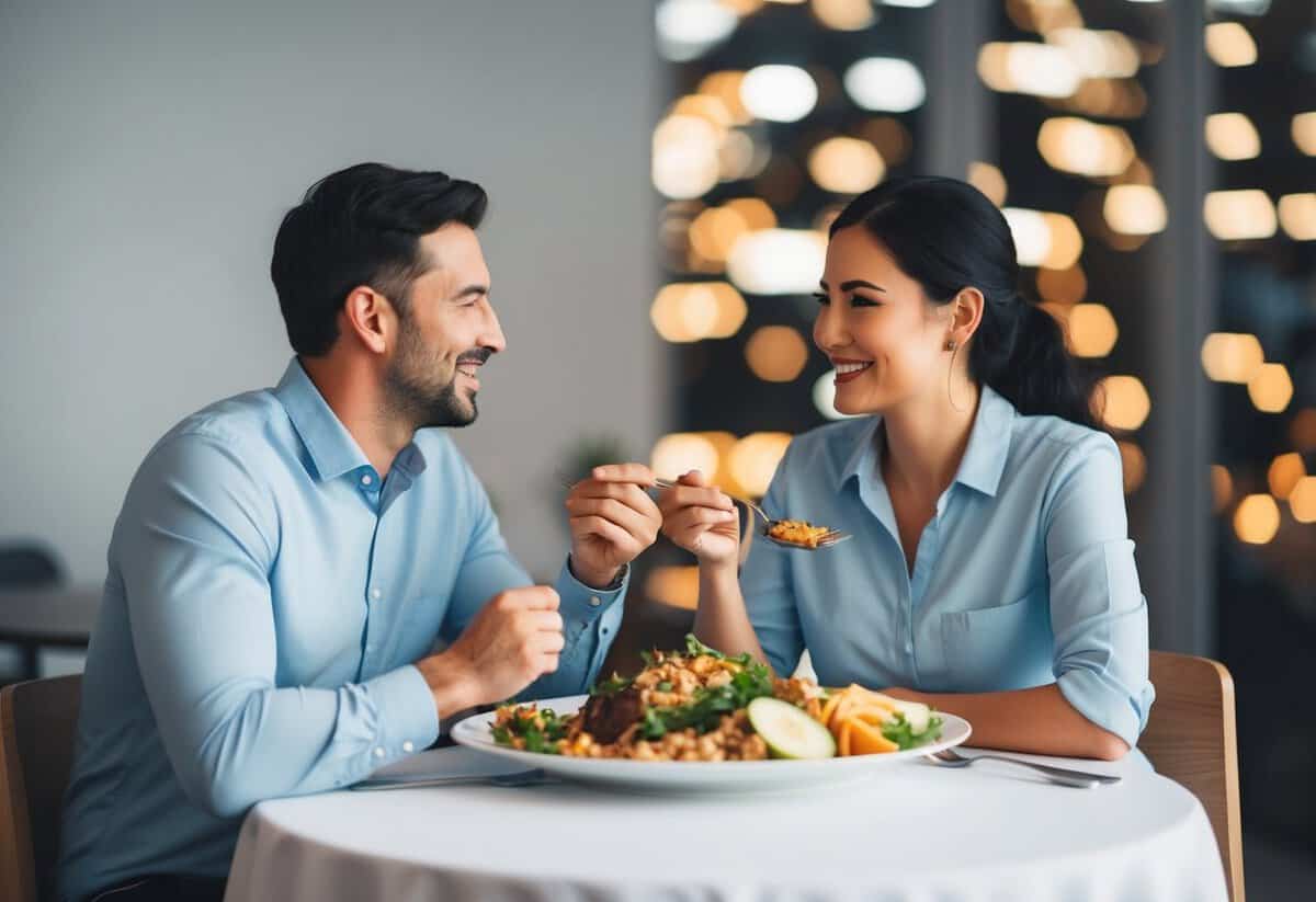 A husband and wife sitting together, sharing a meal and engaging in conversation