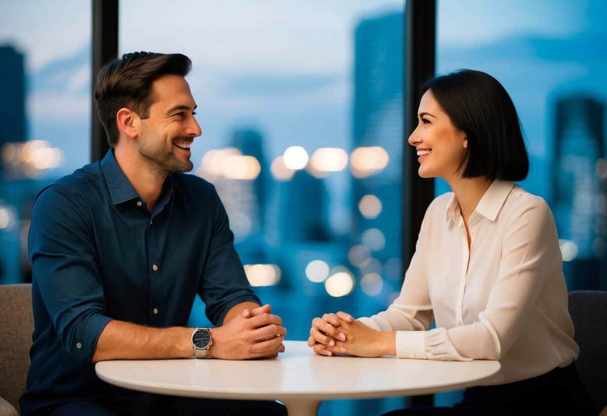A husband and wife sitting across from each other, making eye contact and smiling, with a sense of warmth and understanding between them