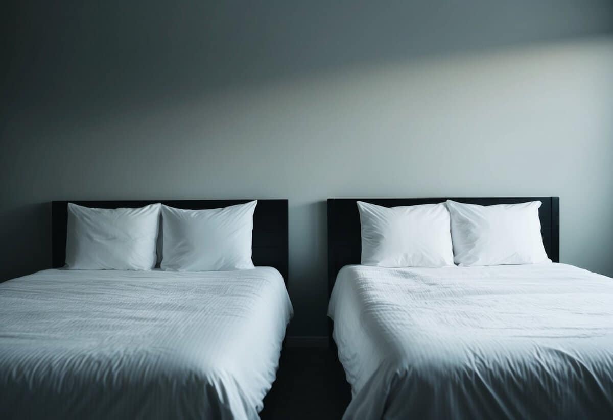 A desolate bedroom with two empty sides of the bed, one untouched and the other neatly made, symbolizing the emotional distance in a sexless marriage
