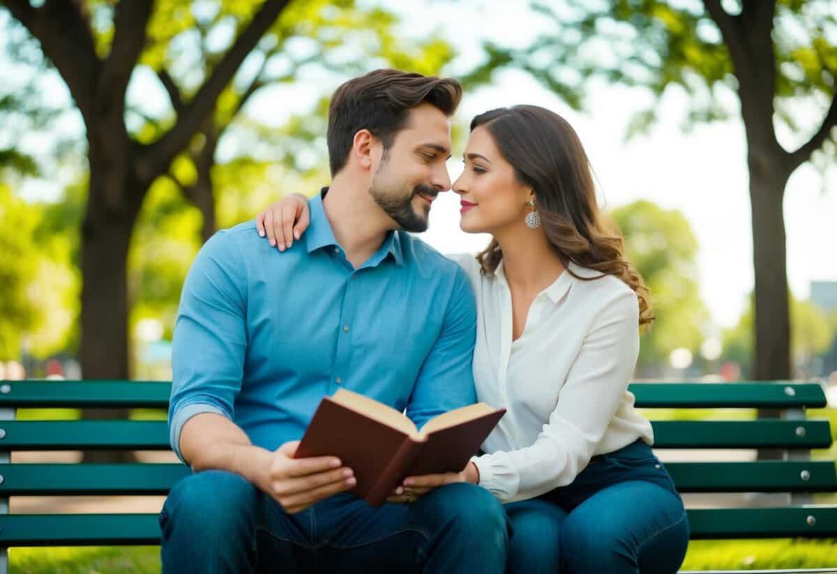 A couple sits on a park bench, leaning into each other while also maintaining their own space. The husband reads a book while the wife gazes at the trees