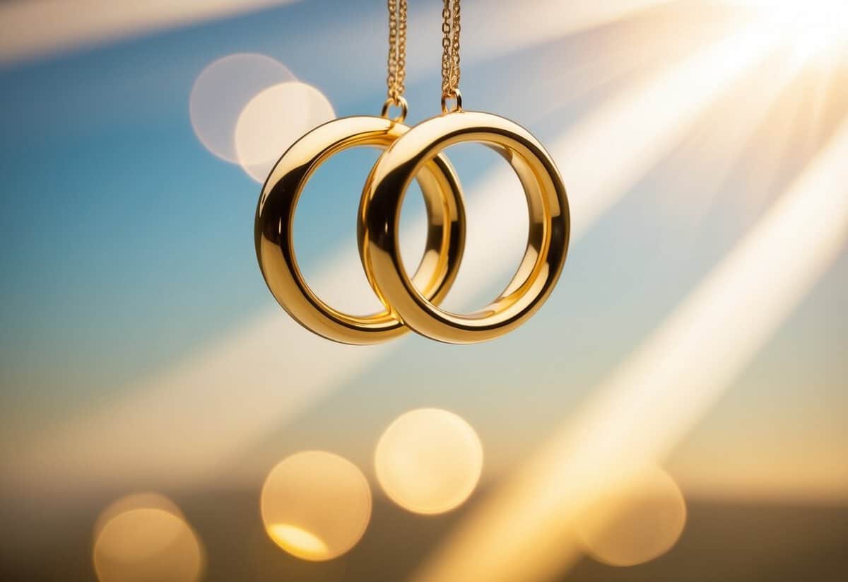 A pair of intertwined golden rings suspended in a beam of heavenly light