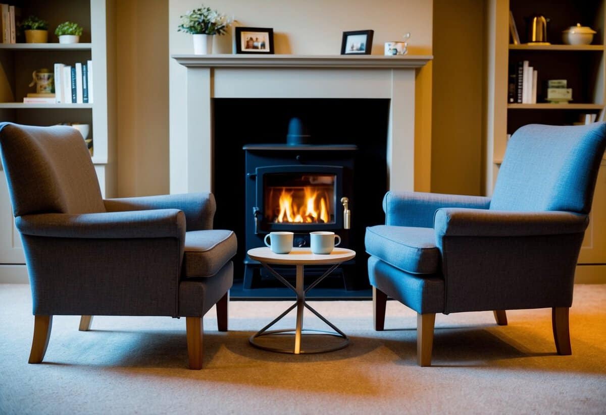 A cozy living room with two armchairs facing each other, a warm fireplace, and a small table with two mugs of tea