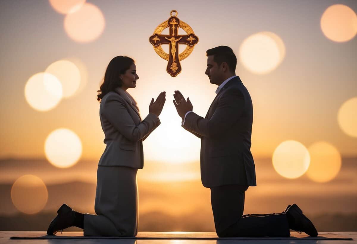 A couple kneeling in prayer, surrounded by a warm glow and symbols of faith, with a sense of unity and devotion