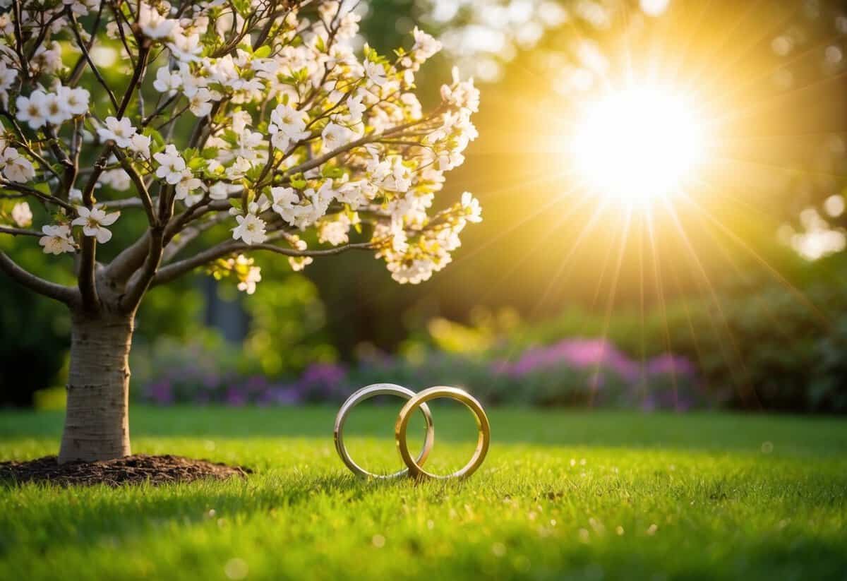 A serene garden with a blooming tree, two intertwined rings, and a radiant sun symbolizing the sacred union in God's eyes