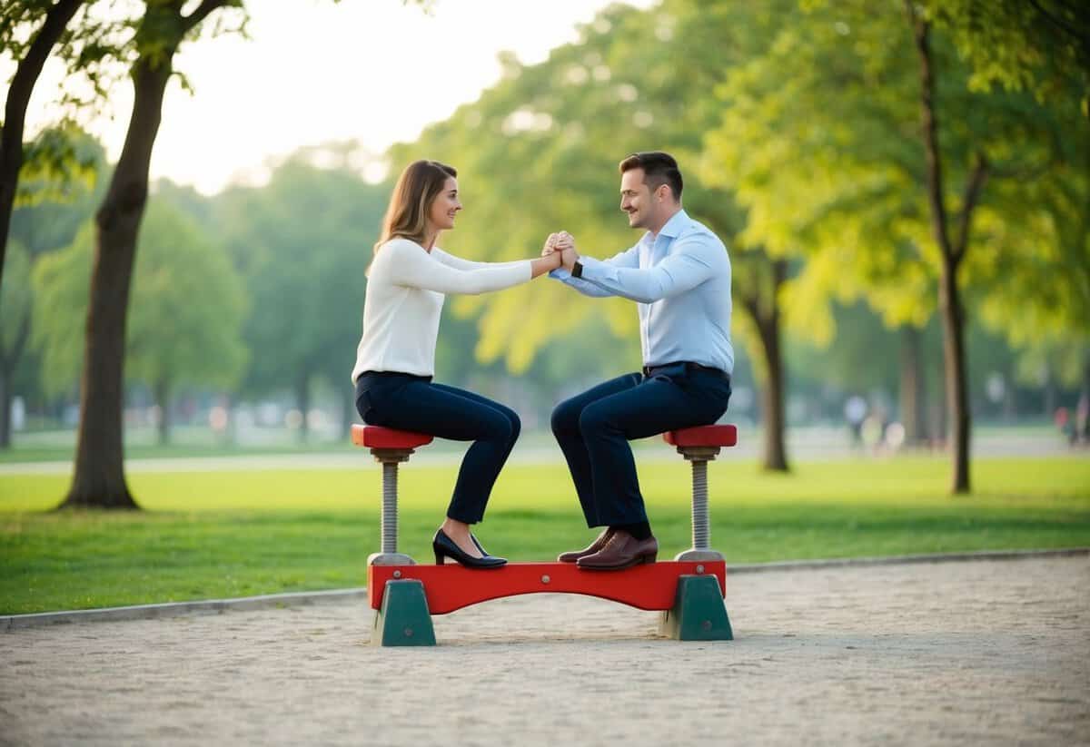 A couple sits on a seesaw, both holding hands and leaning in sync to find balance. The background shows a peaceful park with trees and a serene atmosphere