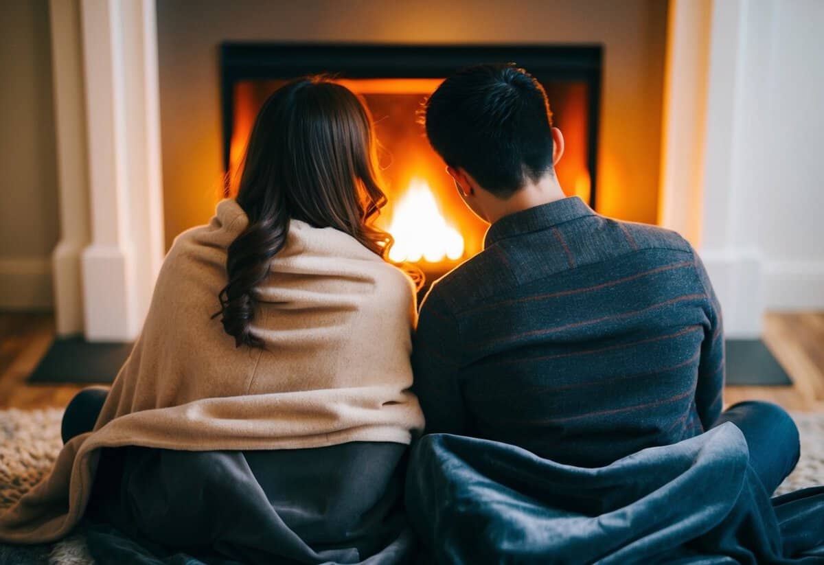 A couple sitting back to back, each engrossed in their own activities, but still connected through a shared blanket and a warm, glowing fireplace