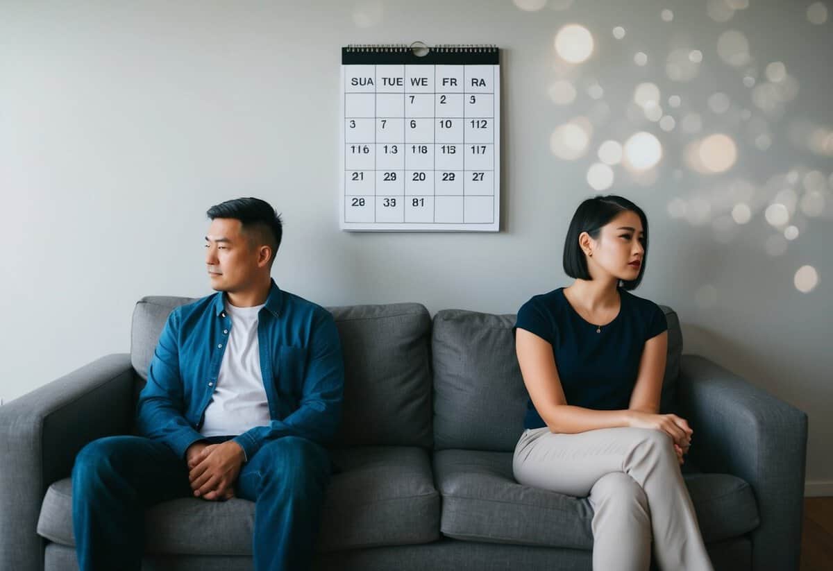A couple sits apart on a couch, their body language distant. A calendar on the wall marks the passing of time