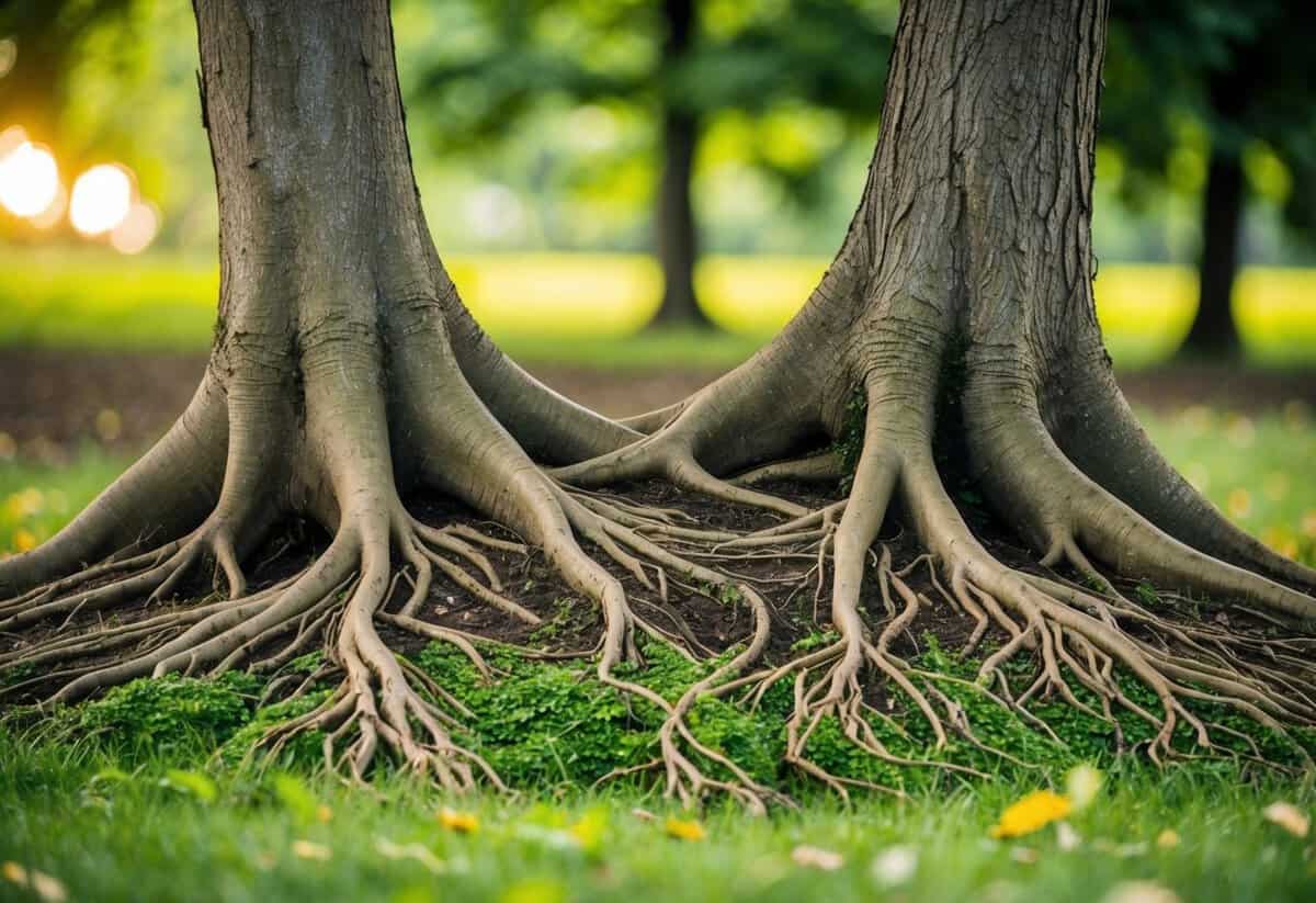 A tree with intertwining roots and branches growing together, symbolizing the balance and support in a husband and wife relationship