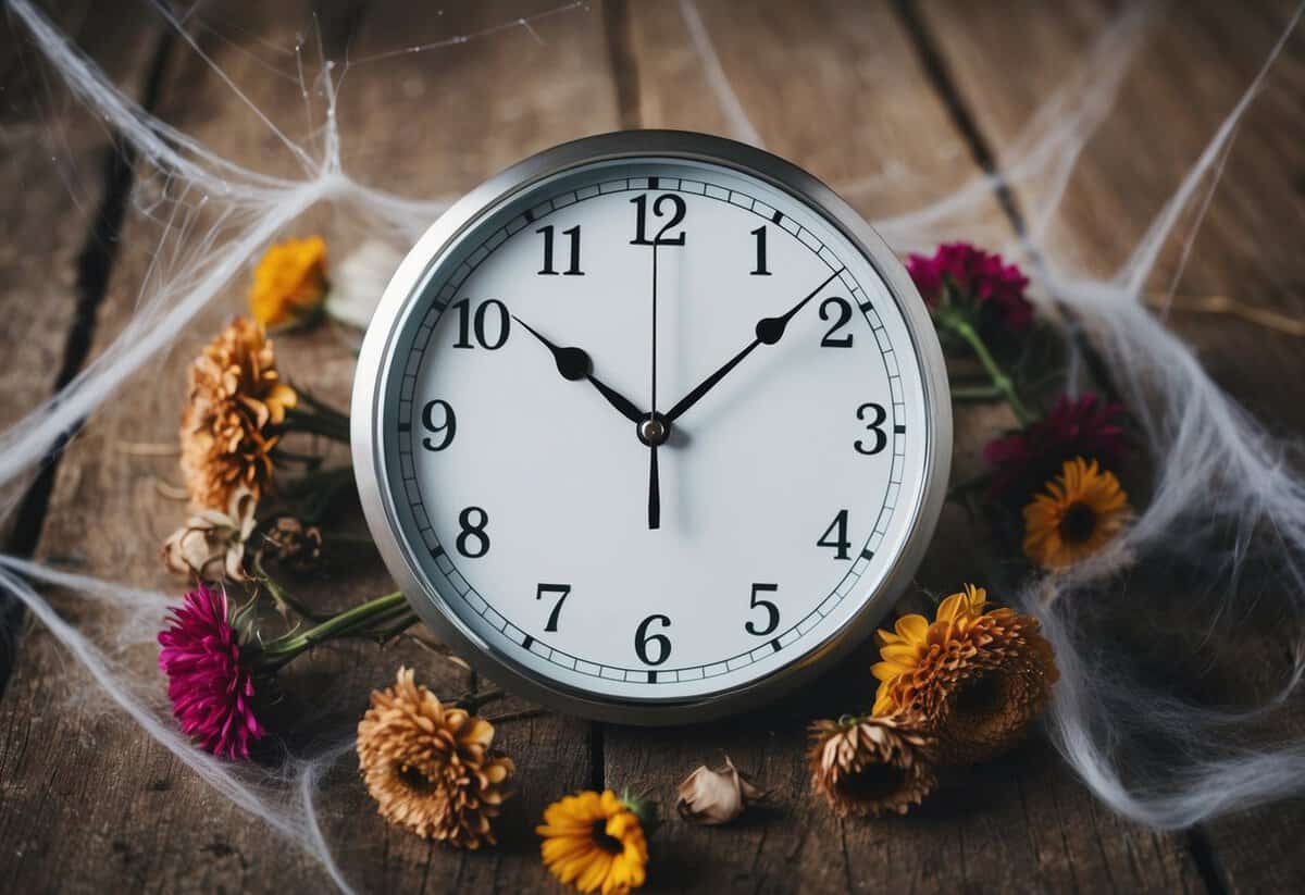 A clock with no hands, surrounded by wilted flowers and cobwebs, symbolizing the passage of time in a sexless marriage
