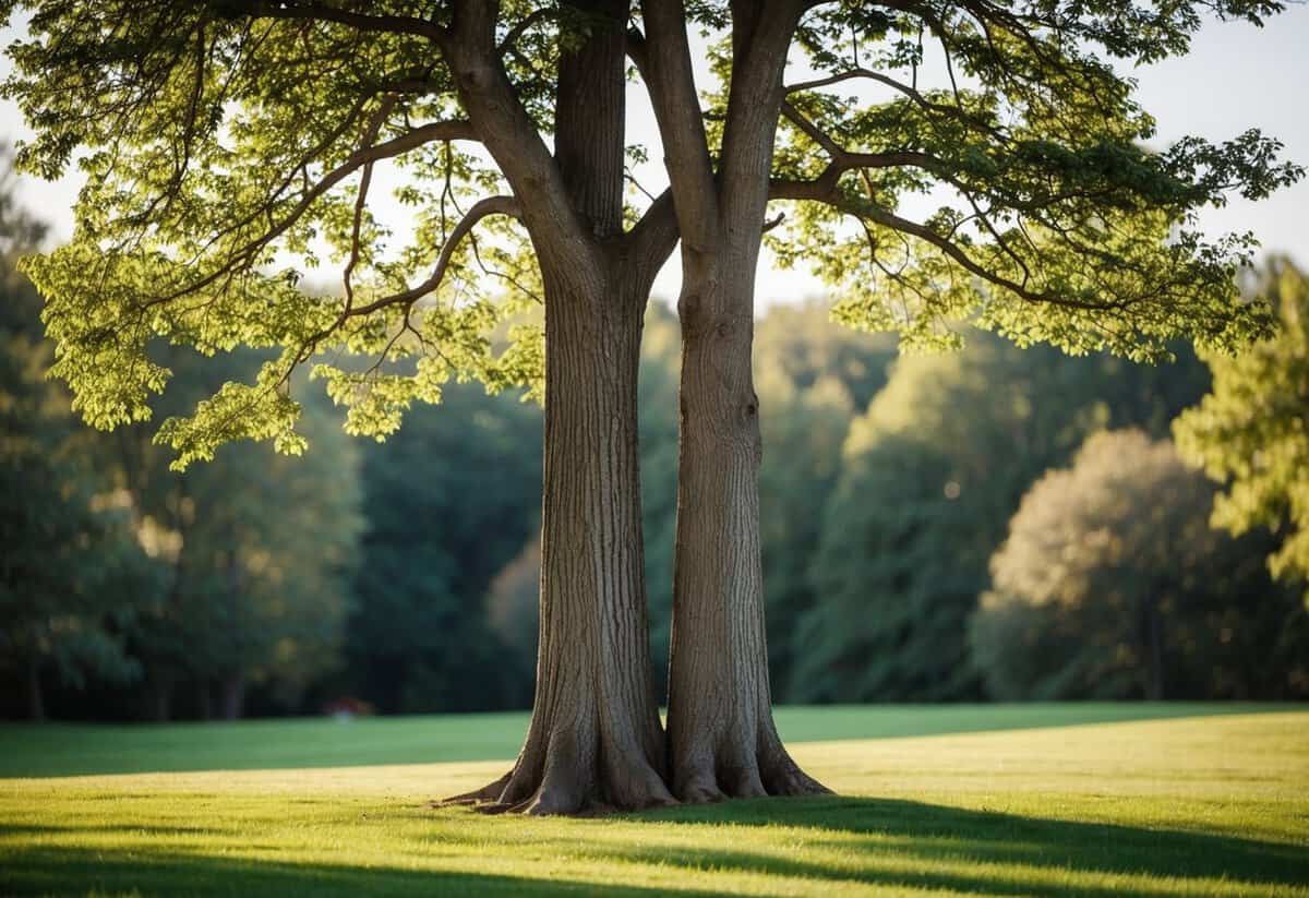 A tree with two intertwined trunks standing tall through changing seasons, symbolizing the enduring strength and unity of a lasting marriage