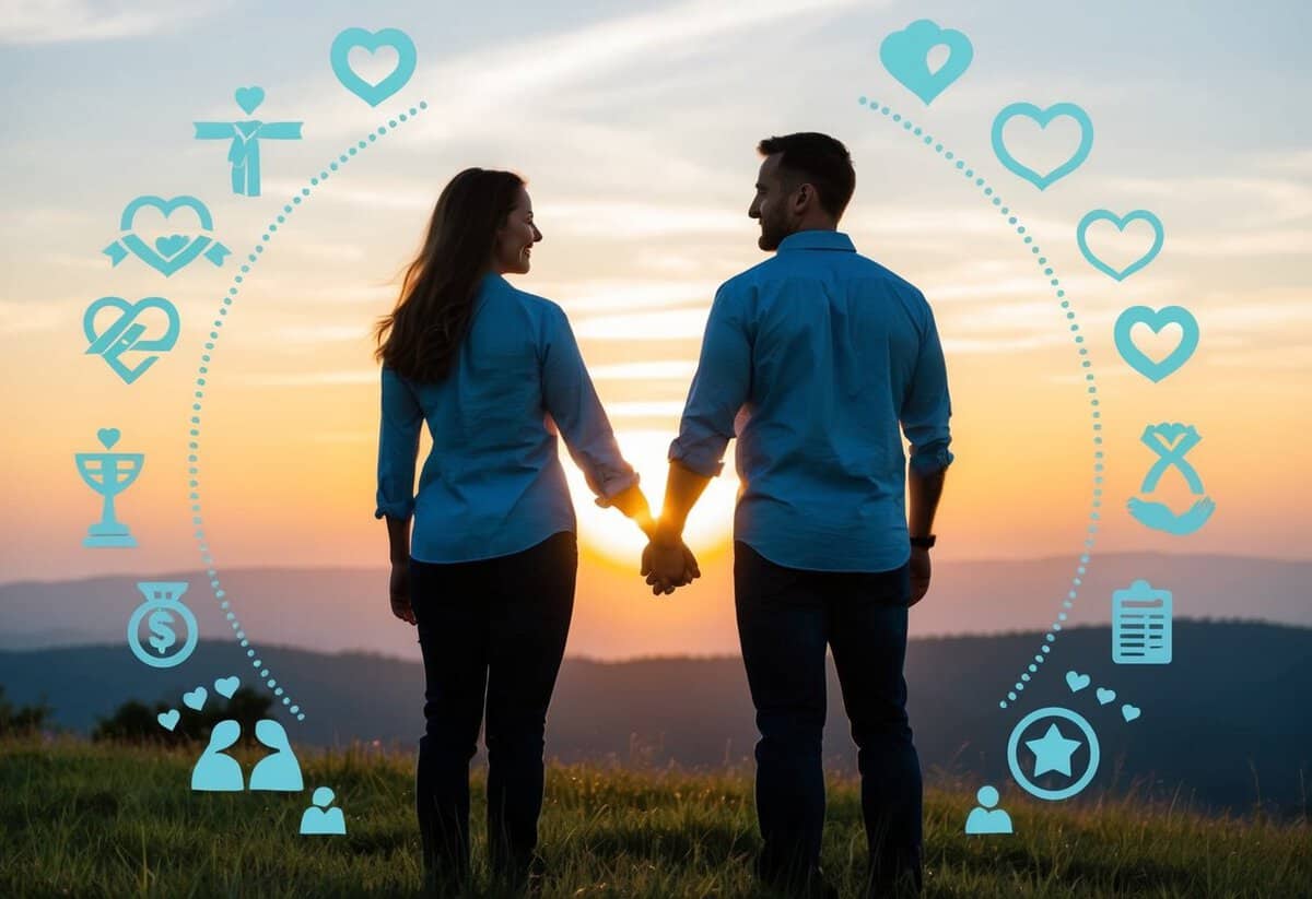 A man and woman standing side by side, facing a sunrise over a peaceful landscape, surrounded by symbols of love, trust, and commitment