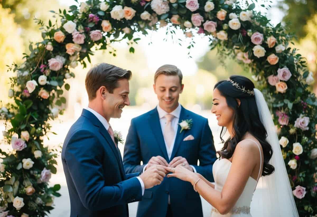 A couple exchanging rings under a floral archway